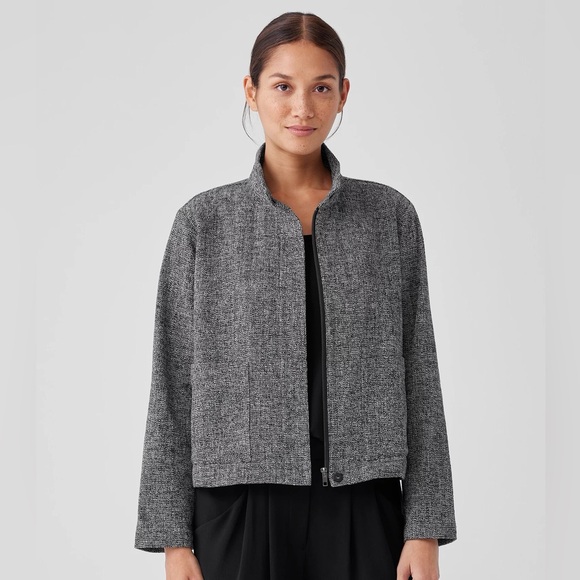 Eileen Fisher Jackets & Blazers - Eileen Fisher Black White Organic Cotton Tweed Stand Collar Jacket medium